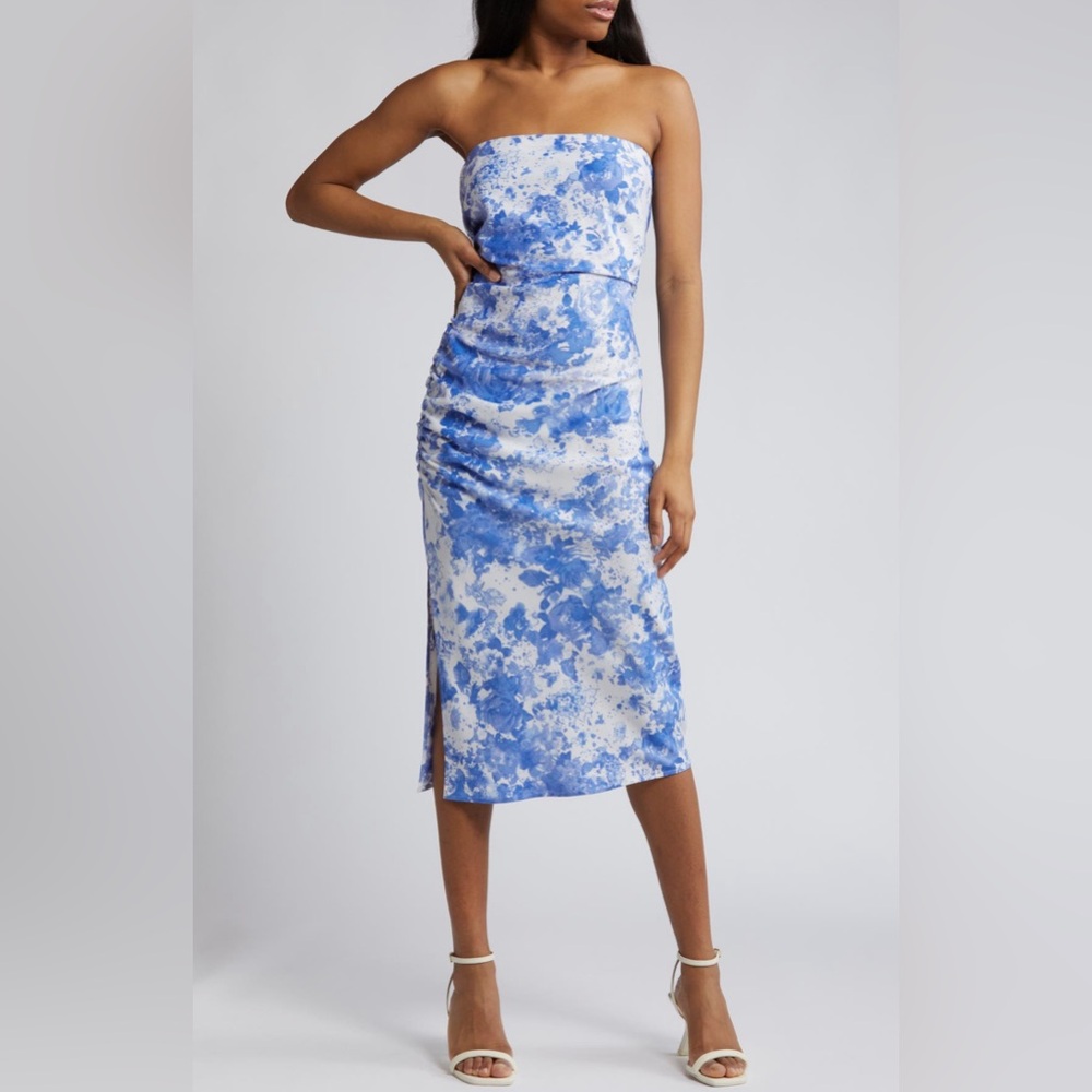 Wayf Blue & White Strapless Ruched Midi Dress